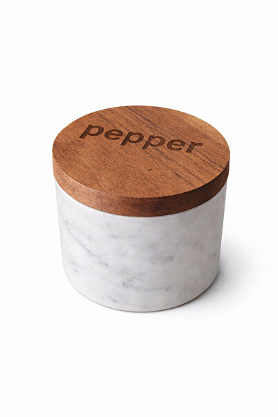 Warm Design "Pepper" Spice Container with Marble Body and Wooden Lid