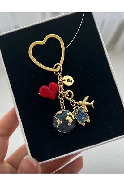 i&s design İki Harfli Dünya Anahtarlık Uçak Charmlı Gold Kırmızı kalp