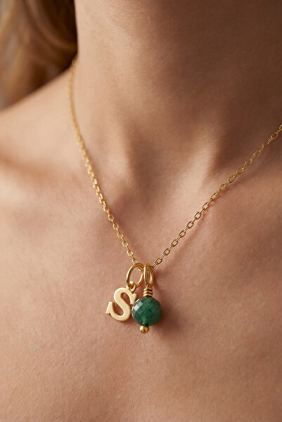 Tasarlatak Zümrüt Doğal Taşlı S Harf Kolye | 925 Gümüş | Özel Tasarım