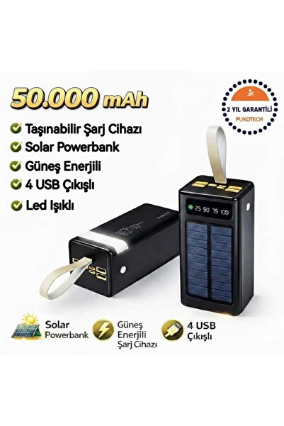 pukotech Güneş enerji powerbank solar 50000mah PD 22.5W hızlı şarj dahili kab...
