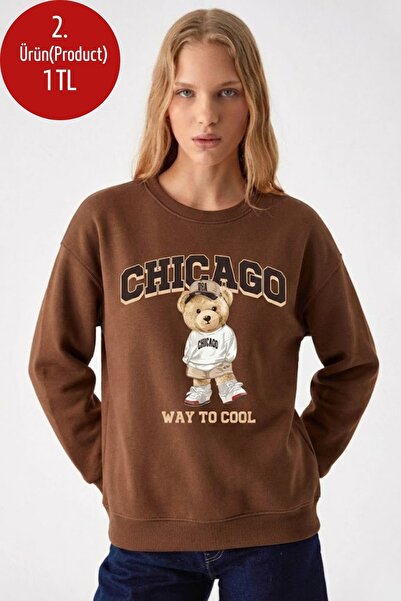 COMBİNE MİCHAİL سويت شيرت نسائي بطبعة دب شيكاغو باللون البني
