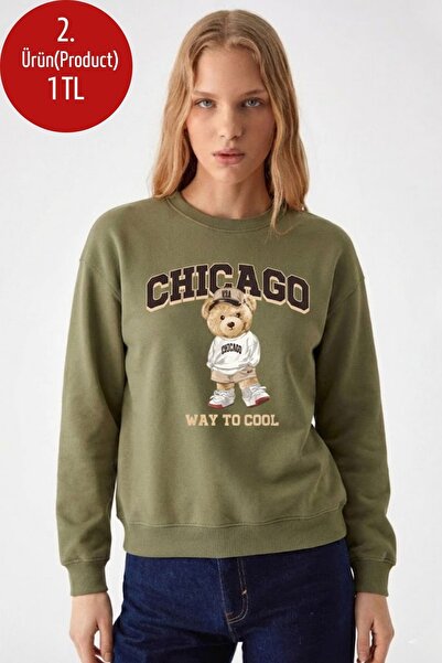 COMBİNE MİCHAİL Women's Chiacago Bear Printed Khaki Sweatshirt