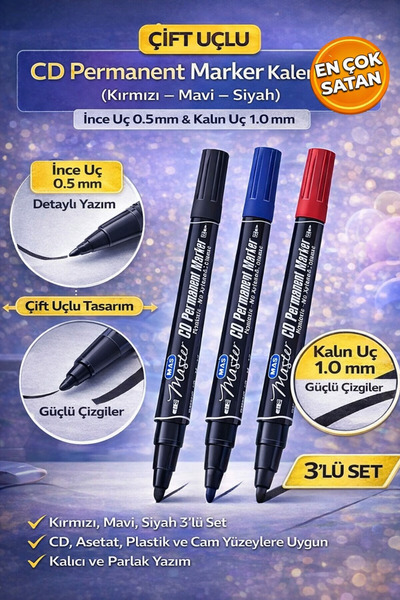 ANI OFİS KIRTASİYE A K Çift Uçlu CD Permanent Marker 3'lü Set (Kırmızı – Mavi...