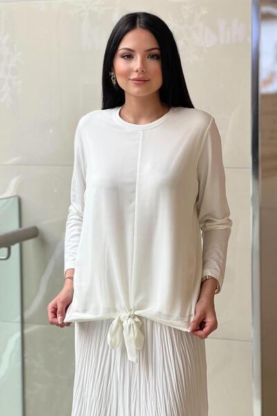 FUAT GÜRSEN Φουάτ Γκουρσέν Λεπτομερές τουνίκ σιφόν με δέσιμο στη μέση