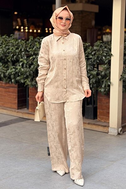 Mahal Jacquard Patterned Silky Satin Shirt and Pants Set