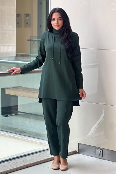 Nuss Boğazlı İpli Tunik Nervürlü Pantolonlı Merserize Takım