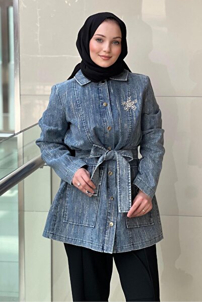 Nuss Taş İşli Önden Çıtçıtlı Kuşaklı Denim Kap