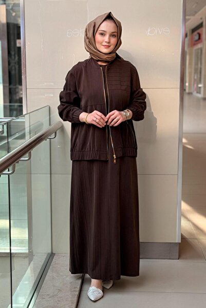 Nuss Nervür Desenli Bomber Ceket Kolsuz Elbise İkili Takım