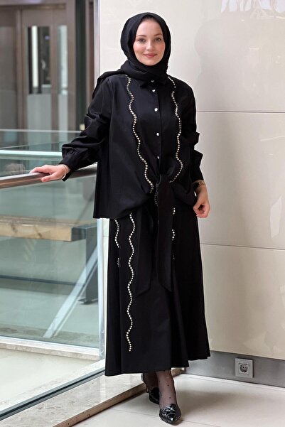 Ghisa Önü Bağlamalı Zımba Detaylı Gömlek Etek Takım