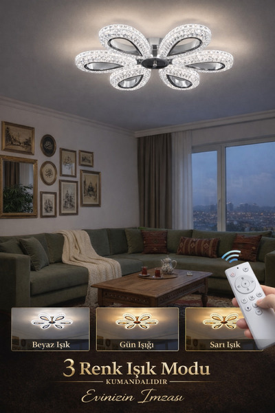 Marsel Lighting YAGMUR 6LI KROM KUMANDALI AVİZE 3 RENK LED ISIKLI SALON AVİZE...