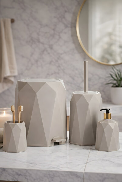 okacih 4'lü Banyo Seti Çöp Kovası Tuvalet Fırçası Sabunluk Diş Fırçalık 4 Parça