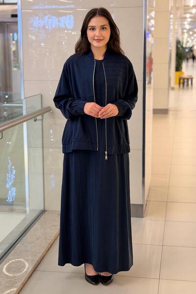 Nuss Nervür Desenli Bomber Ceket Kolsuz Elbise İkili Takım