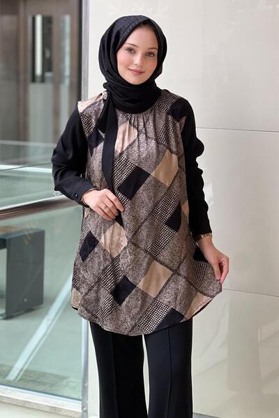 FUAT GÜRSEN Fuat Gürşen Ekose Desenli Yakası Taş Broşlu Tunik