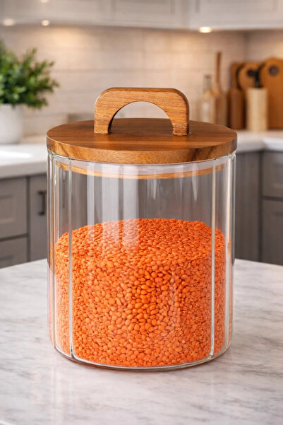 Kezze Akasya Kapaklı 1750 ml Büyük Boy Cam Kavanoz-Bakliyat Saklama Kabı