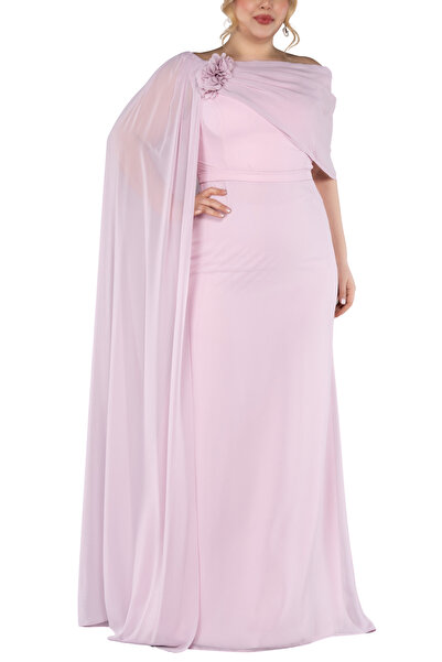 Arden Büyük Beden Uzun Abiye, Şifon Kayık Yaka Lila, Zarif Düğün Abiye Elbise...