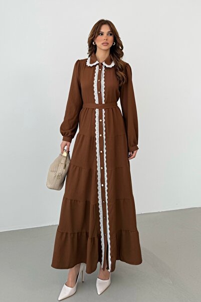 BEJNA Women's Lace Detailed Maxi Shirt Dress