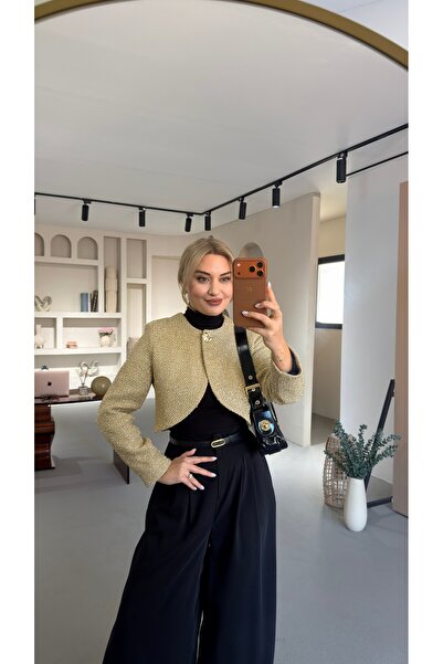 Sezgi Tekin Gold Button Detail Metallic Thread Tweed Jacket