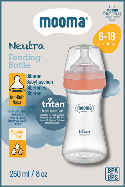 MOOMA Neutra Antikolik Tritan Biberon 250 ml (6–18 Ay) – Orta Akış | Mercan P...