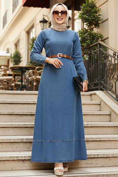 Neva Style Rochie Hijab Denim Albastru Inchis cu Curea 19130KM