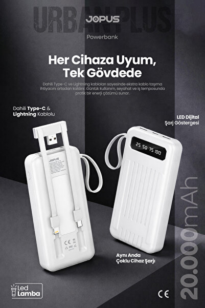 Jopus 20000mAh PowerBank Dahili Kablolu, LCD Ekranlı, LED Lambalı, Taşınabili...