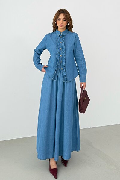 BEJNA Women's Ruffled Shirt Skirt Denim Bottom Top Set