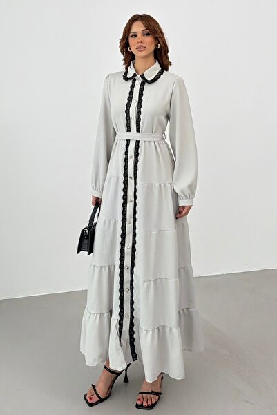 BEJNA Women's Lace Detailed Maxi Shirt Dress