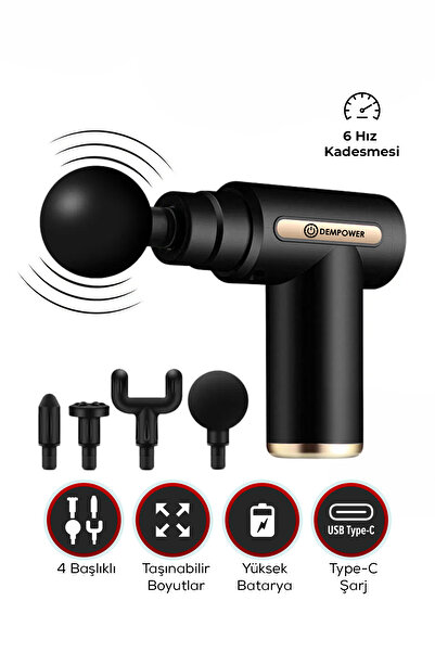 DEMPOWER Titreşimli Masaj Tabancası 4 Başlıklı Siyah 19x13cm