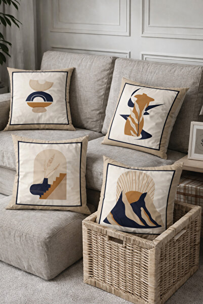 SasoHome Krem Zemin Üzerine Modern Etnik Objeler Desenli 4lü Dijital Baskılı ...