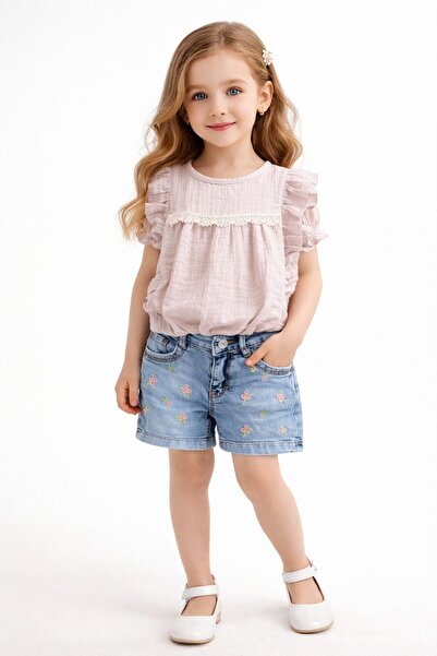 Cansın Mini طقم بناتي مكون من قطعتين مع بلوزة بتفاصيل دانتيل بني وشورت جينز 2...