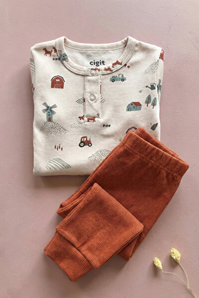 Cigit Çiftlik Desenli Zıbın Takım 0-3 Yaş Bej