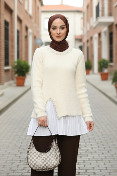 azragül giyim Pearl and Stone Embroidered Soft Hijab Knitwear Sweater