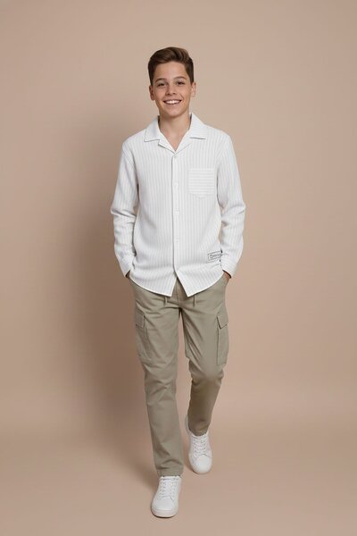 Cansın Mini Beyaz Çizgili Gömlekli Paraşüt Pantolonlu Erkek Çocuk 2li Takım 2...