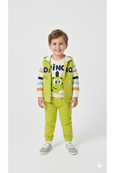 hunnykids SEVİMLİ DİNOZOR TEMALI KAPÜŞONLU 3 PARÇALI SET .YELEK-SWEAT -ALT EŞ...