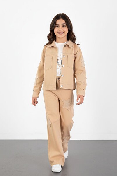Cansın Mini Beige Sleeves Star Stone Jean Jacket Girls' 3-Piece Top and Botto...