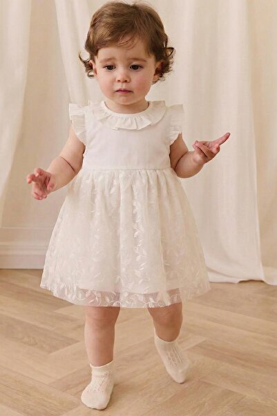Cigit Leaf Pattern Tulle Garnished Baby Dress 0-4 Years Off White