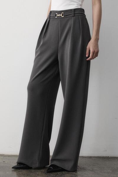 JASTE Women's Lycra Buckle Belt Detailed Elastic Palazzo Trousers Gray
