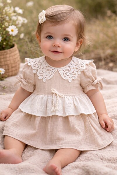 Cansın Mini Brown Lace Collar Baby Girl Short Sleeve Dress 22667
