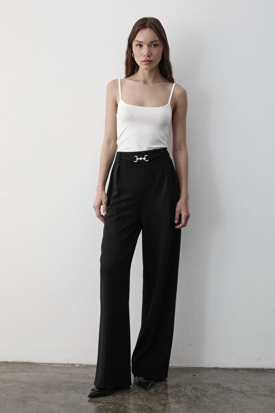 JASTE Kadın Likralı Toka Kemer Detaylı Lastikli Palazzo Pantolon SİYAH