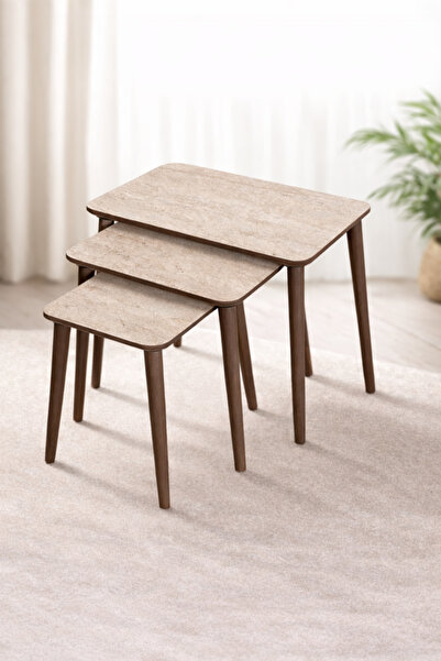 eos mobilya Traverten Desenli MDF 3’lü Zigon Sehpa Seti Ahşap Ayaklı