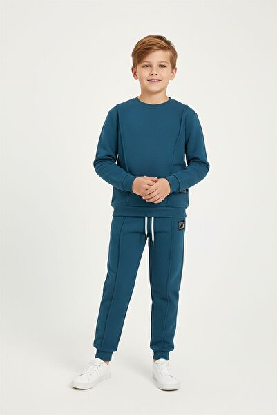 Cansın Mini Indigo Boy's Arma Detailed Ş Fleece-Lined Tracksuit Set 23344
