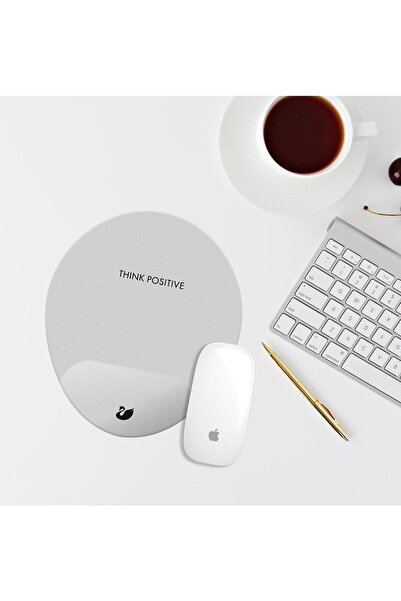 Özer Store Gri Think Positive Bilek Destekli Oval Mouse Pad Mouse Altlığı