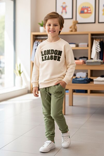 Cansın Mini Khaki Text Embroidered Boys' Crew Neck Tracksuit Set 23396