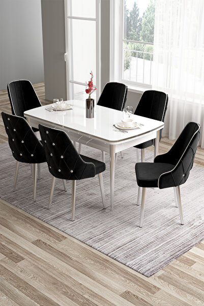 Canisa Tia Serisi 80x132 Açılabilir Mdf Beyaz Krom Detay Mutfak Masa Takımı V...