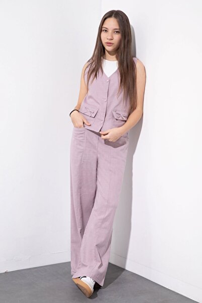 Cansın Mini Pantaloni din in roz cu buzunare set cu vestă talie înaltă Fata s...