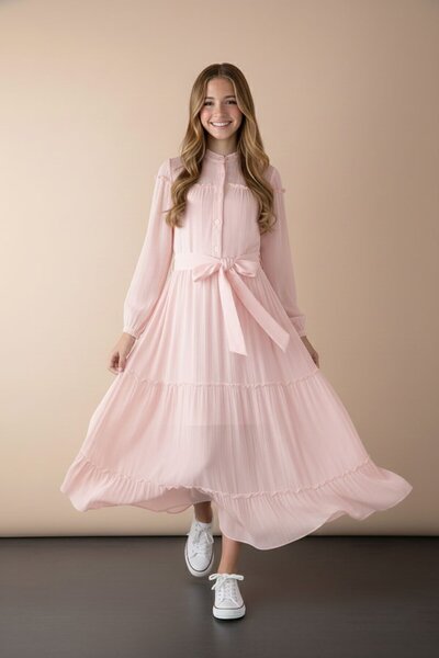 Cansın Mini Pink Gathered Sleeves Belted Girls Long Dress 23399