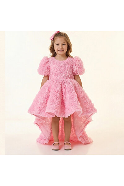ELLUSSİ Kız Çocuk Pembe Arkası V Yaka Gül Desenli Kısa Balon Kol Elbise Abiye