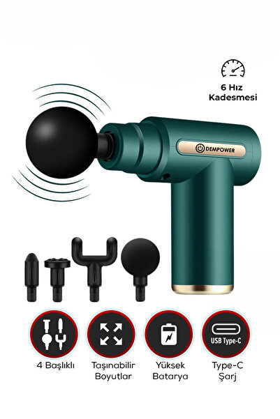 DEMPOWER Titreşimli Masaj Tabancası 4 Başlıklı Yeşil 19x13cm