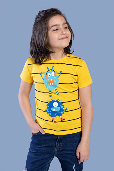 Toontoy Tricou cu mânecă scurtă, cu imprimeu, cu gât rotund și dungi, pentru ...