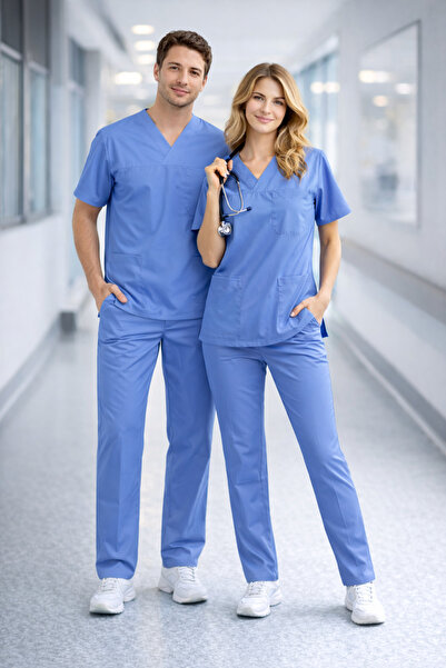 Mekaizen Mavi Likralı Hemşire Ve Doktor Forması Takımı Scrubs Hastane Üniform...