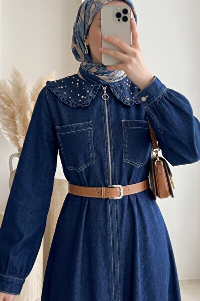 Modamorfo Rochie din denim cu guler pentru bebeluși, cu jumătate de fermoar ș...